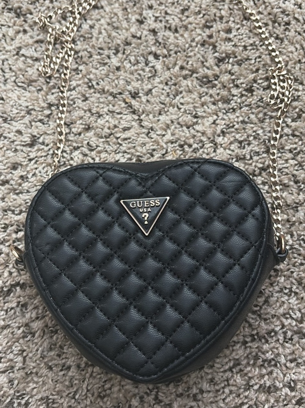 GUESS Black Quilted Heart Crossbody with Gold Chain